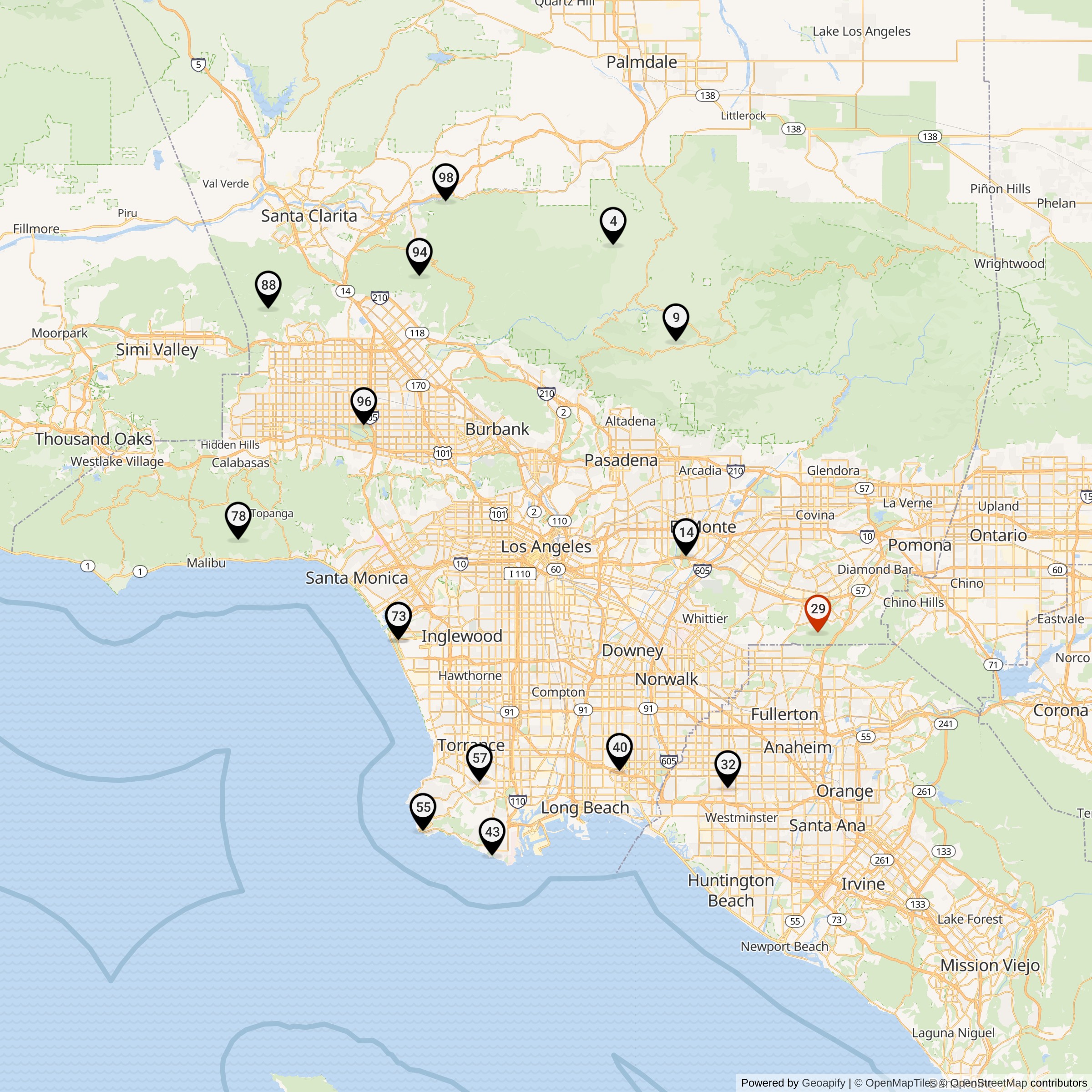 Map Showing Los Angeles Defense Area Nike Launcher Locations