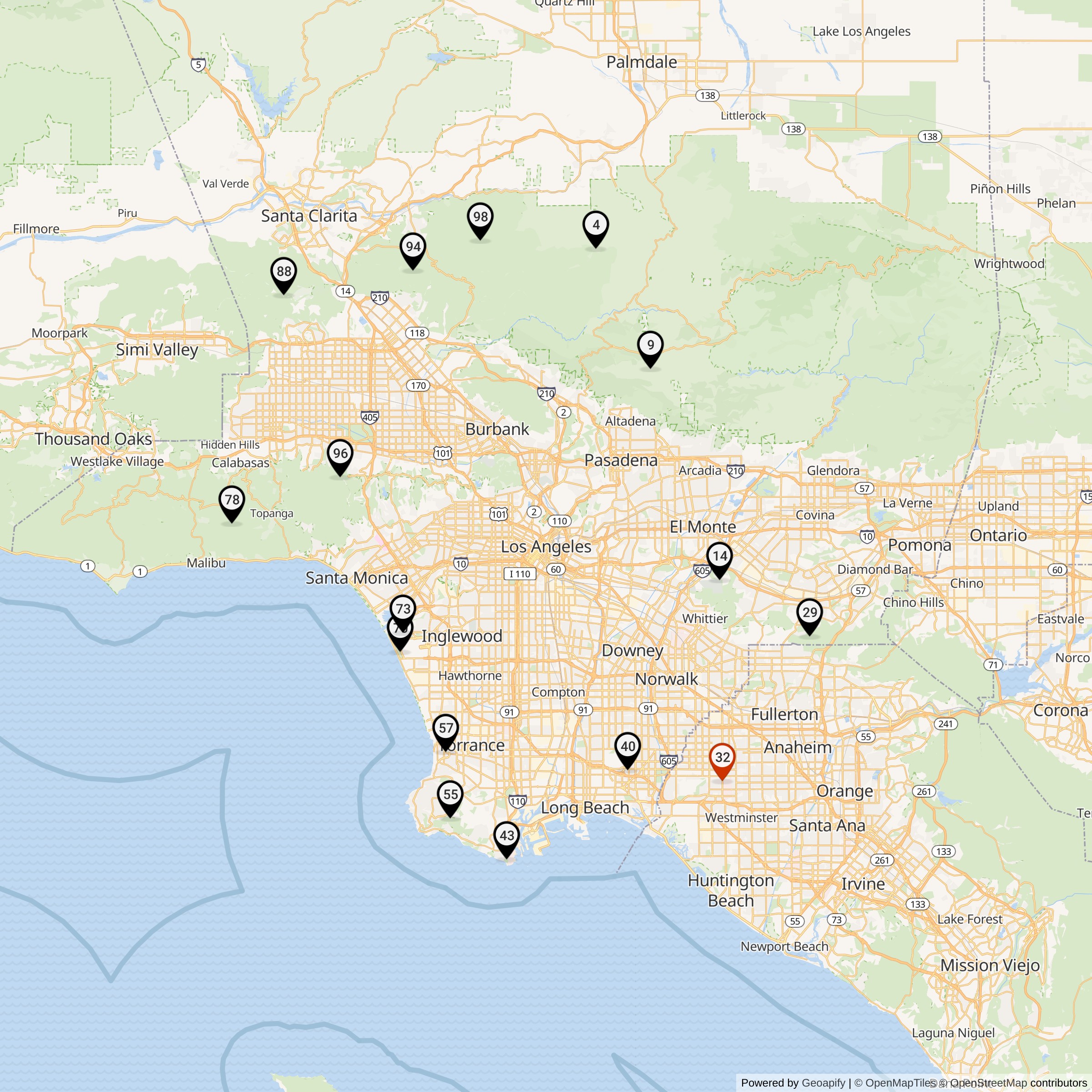 Map Showing Los Angeles Defense Area Nike Launcher Locations