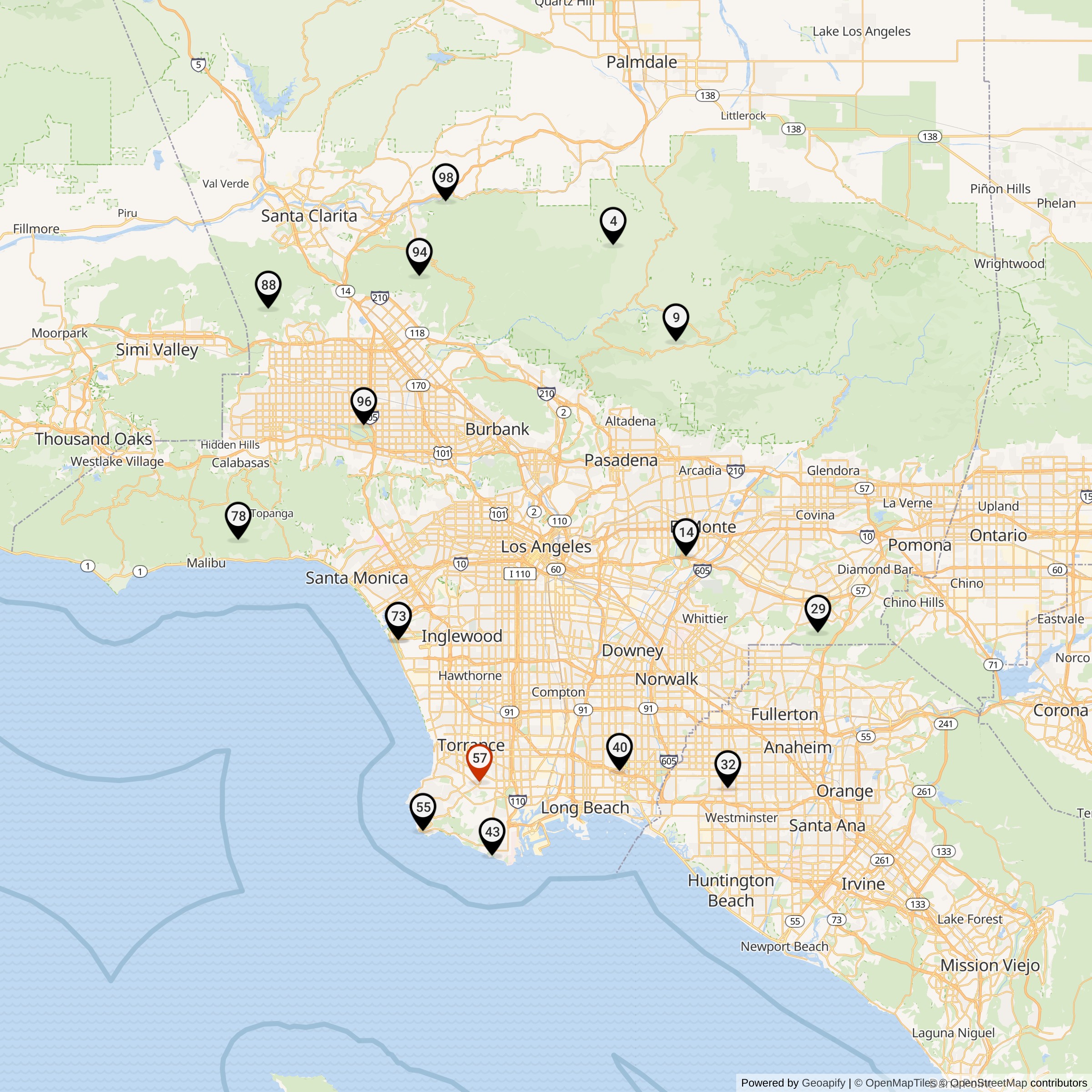 Map Showing Los Angeles Defense Area Nike Launcher Locations