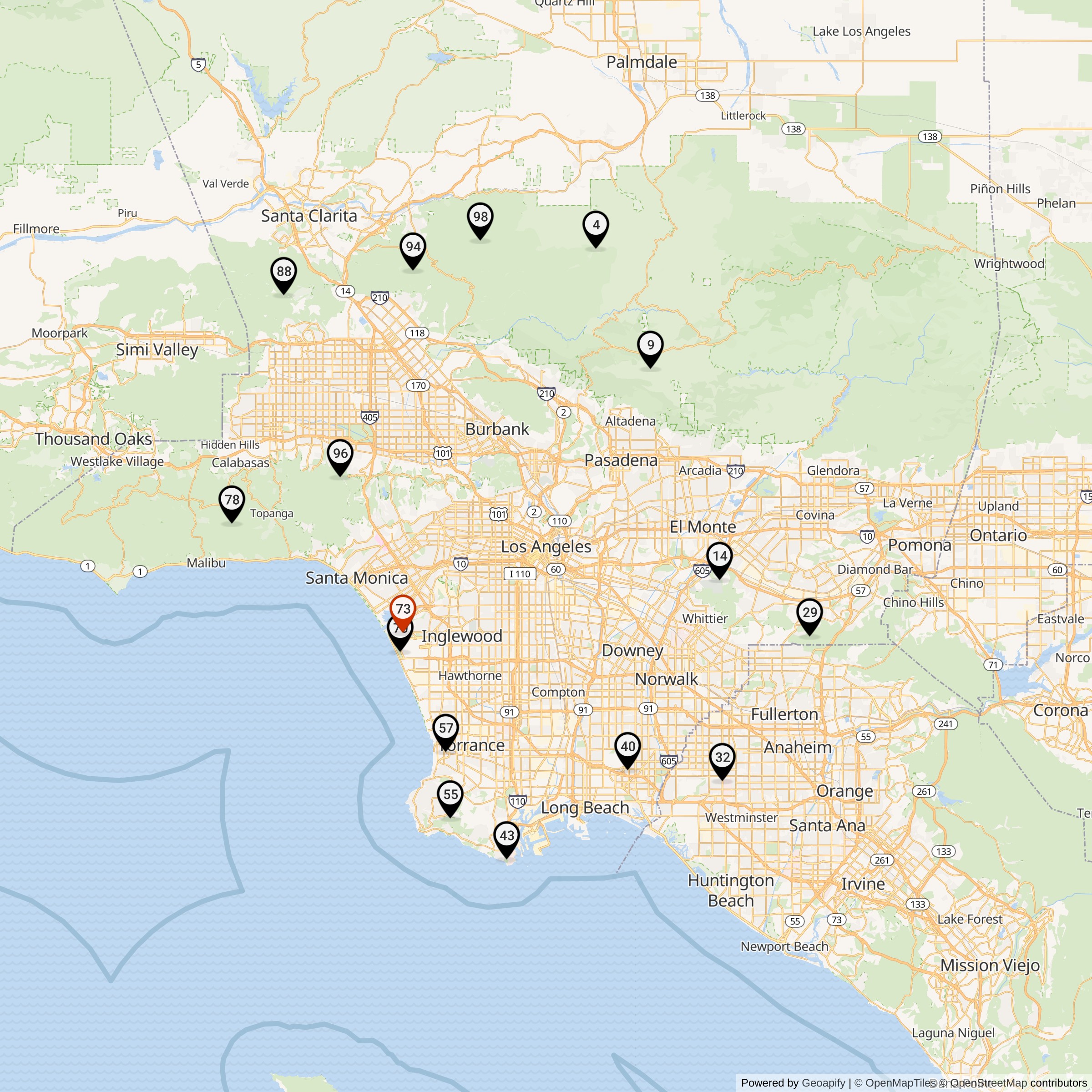 Map Showing Los Angeles Defense Area Nike Launcher Locations