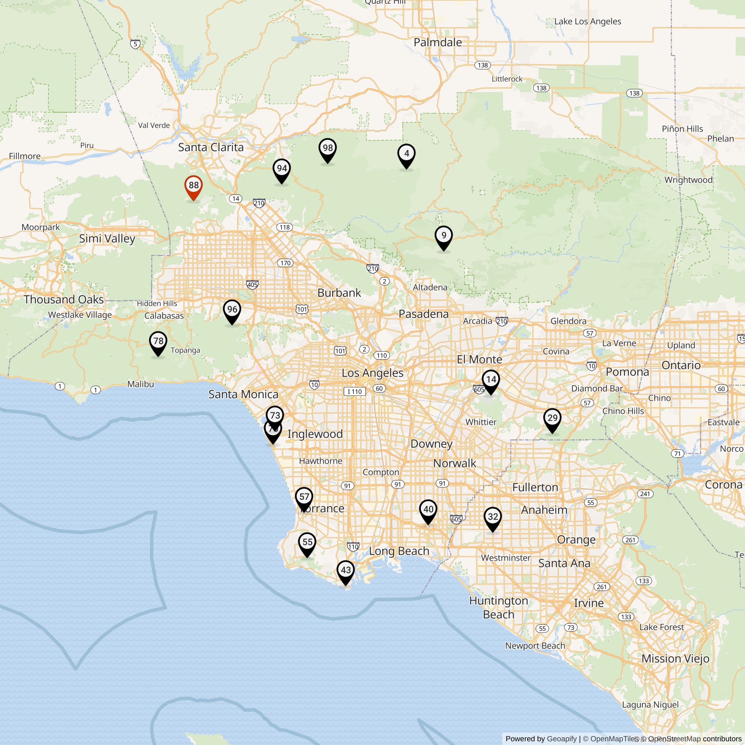 Map Showing Los Angeles Defense Area Nike Launcher Locations