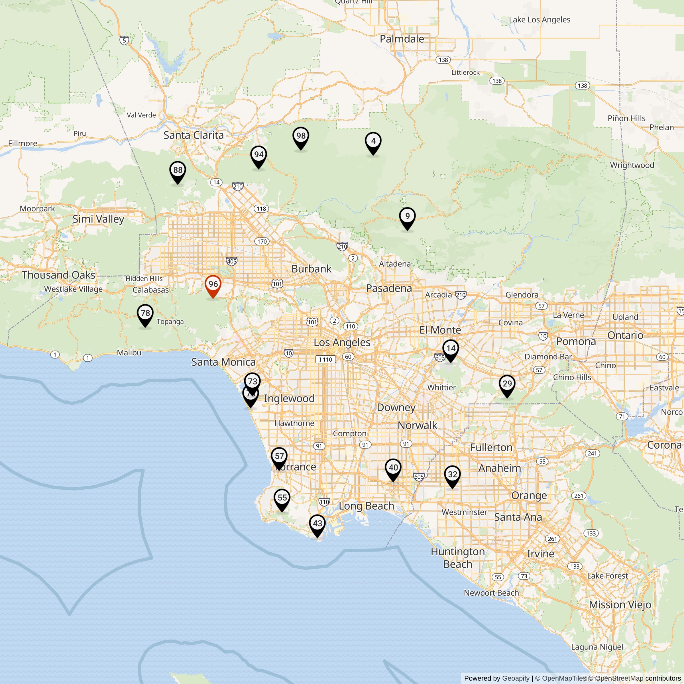 Map Showing Los Angeles Defense Area Nike Launcher Locations