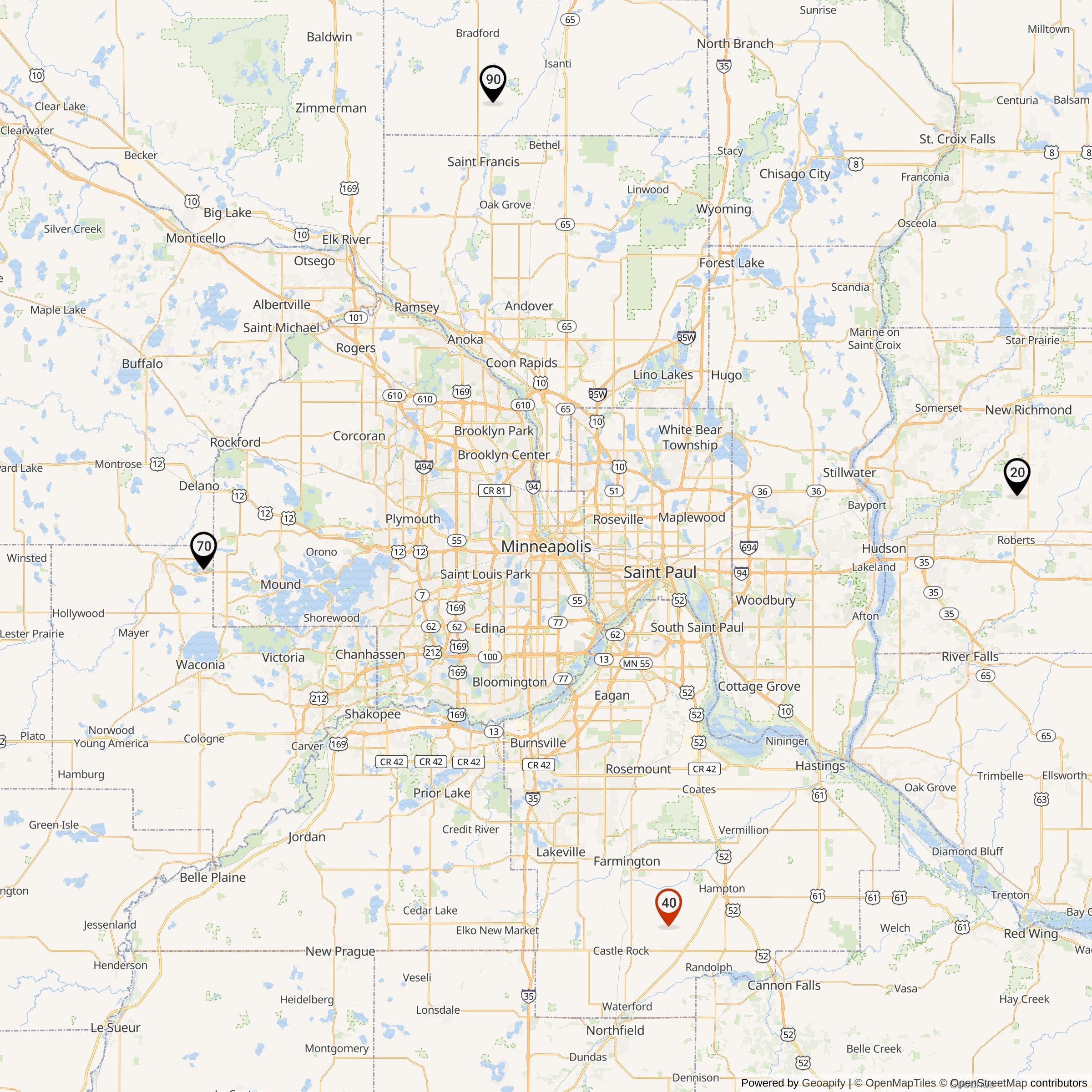 Map Showing Twin Cities Defense Area Nike Launcher Locations
