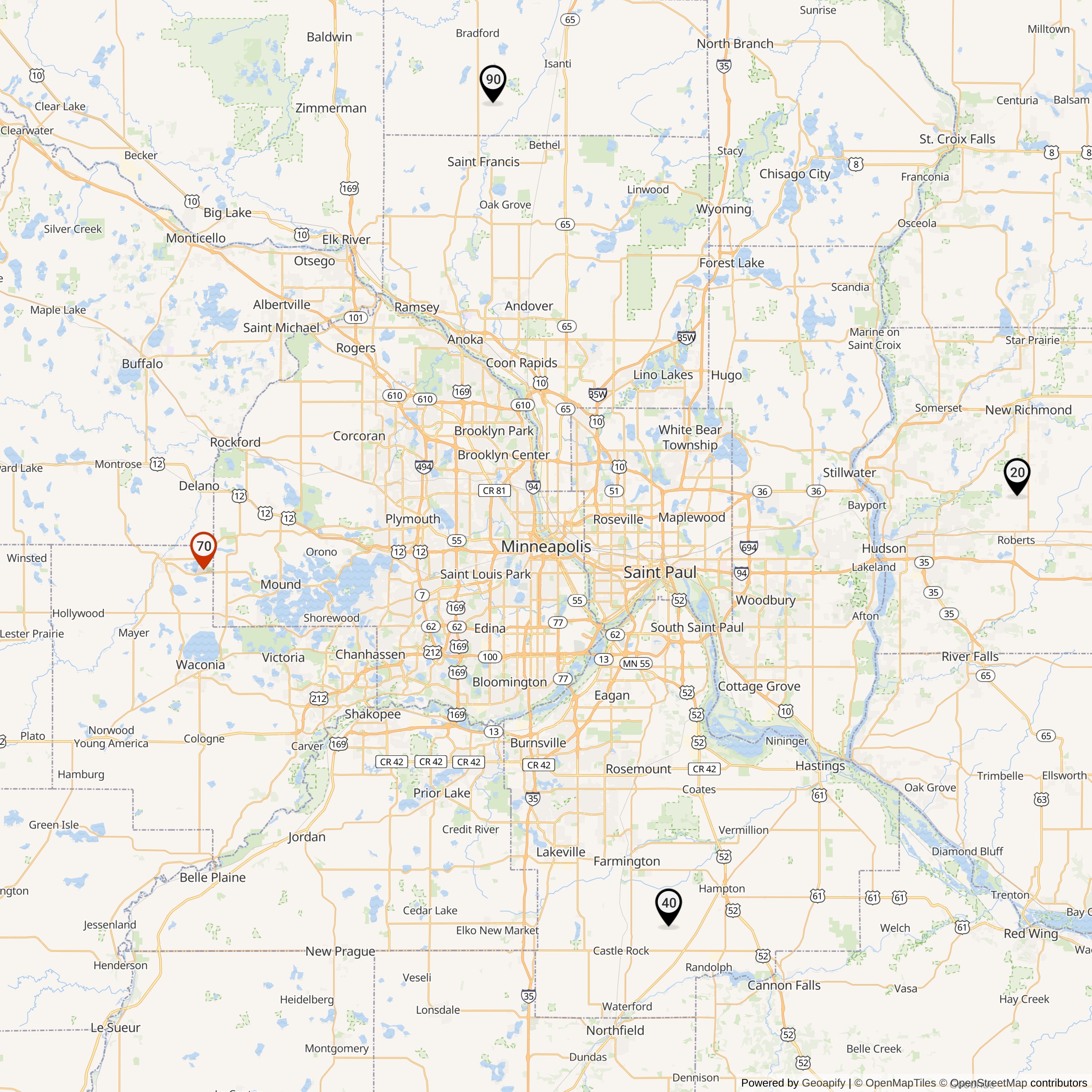 Map Showing Twin Cities Defense Area Nike Launcher Locations
