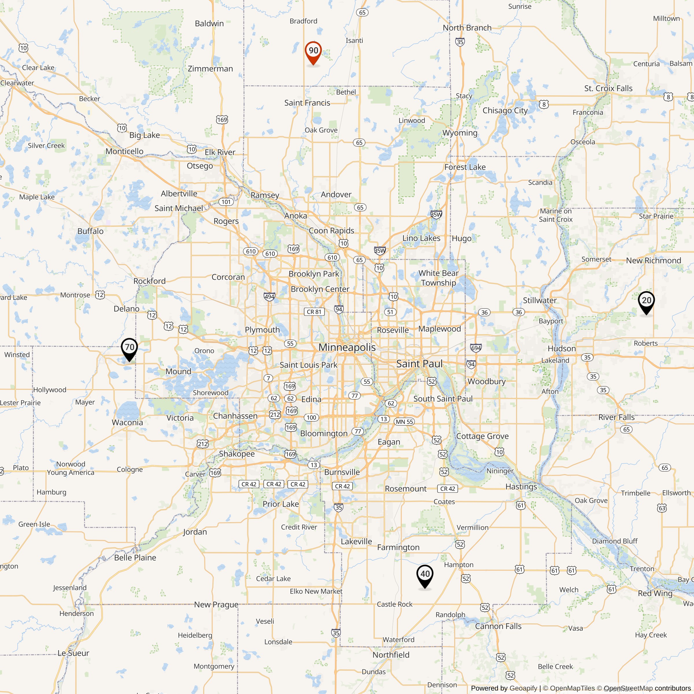 Map Showing Twin Cities Defense Area Nike Launcher Locations