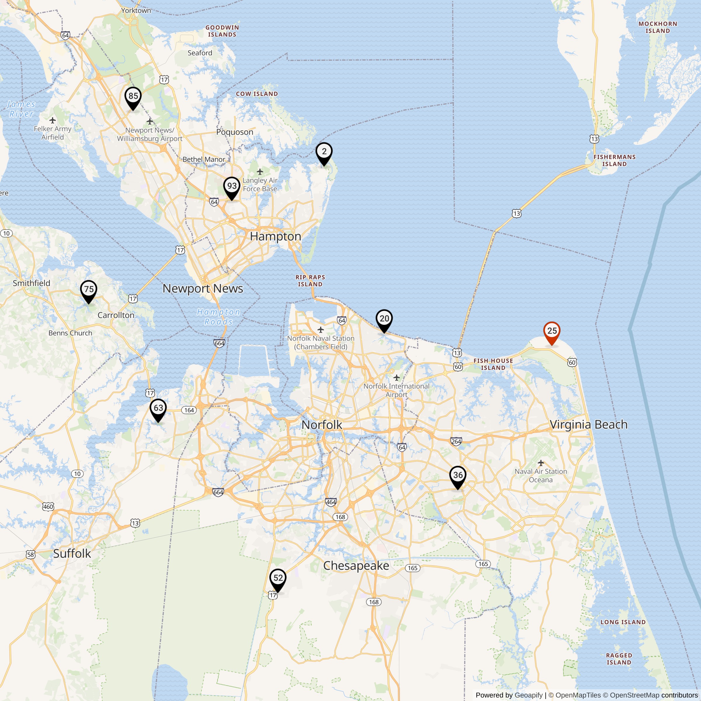 Map Showing Norfolk Defense Area Nike Launcher Locations