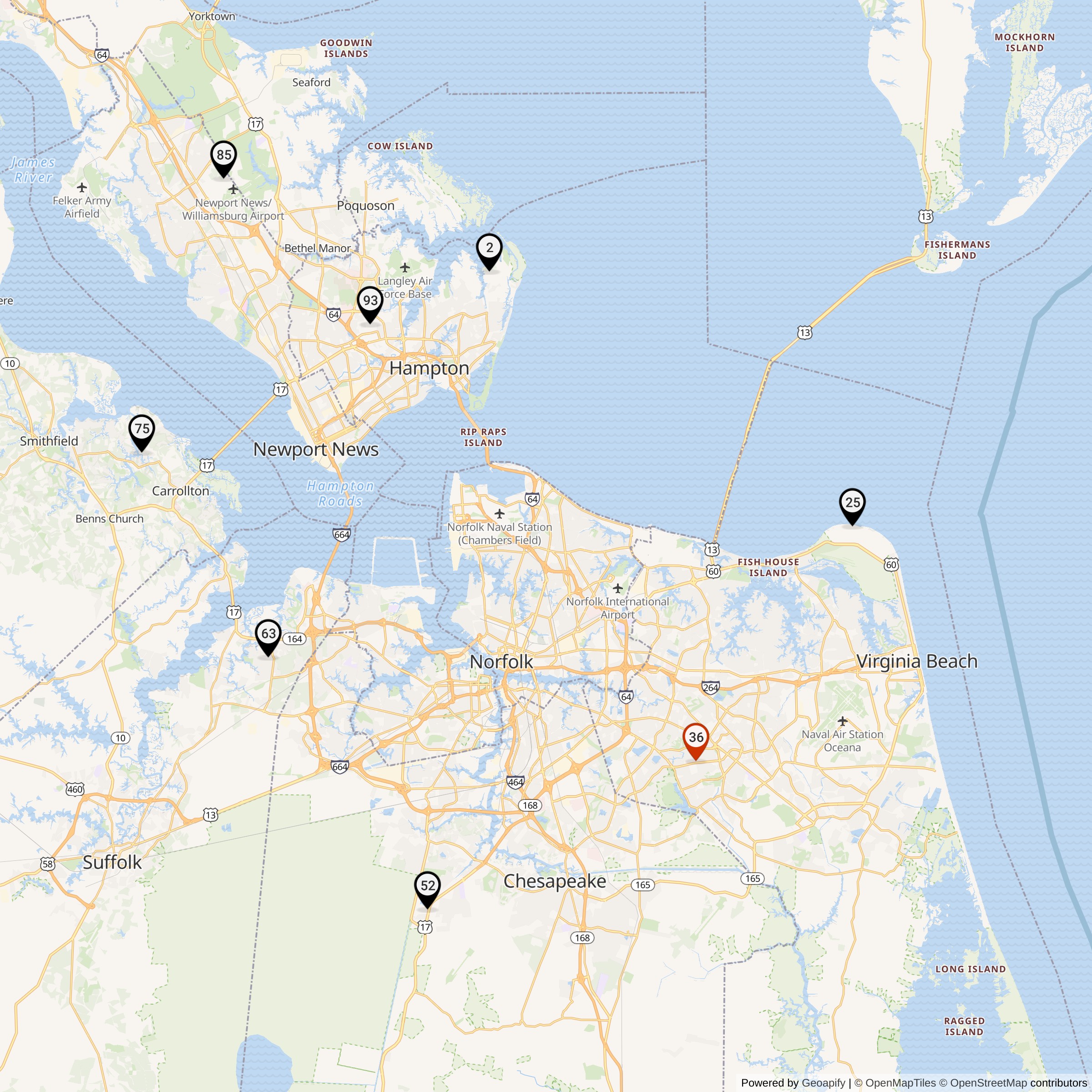 Map Showing Norfolk Defense Area Nike IFC Locations