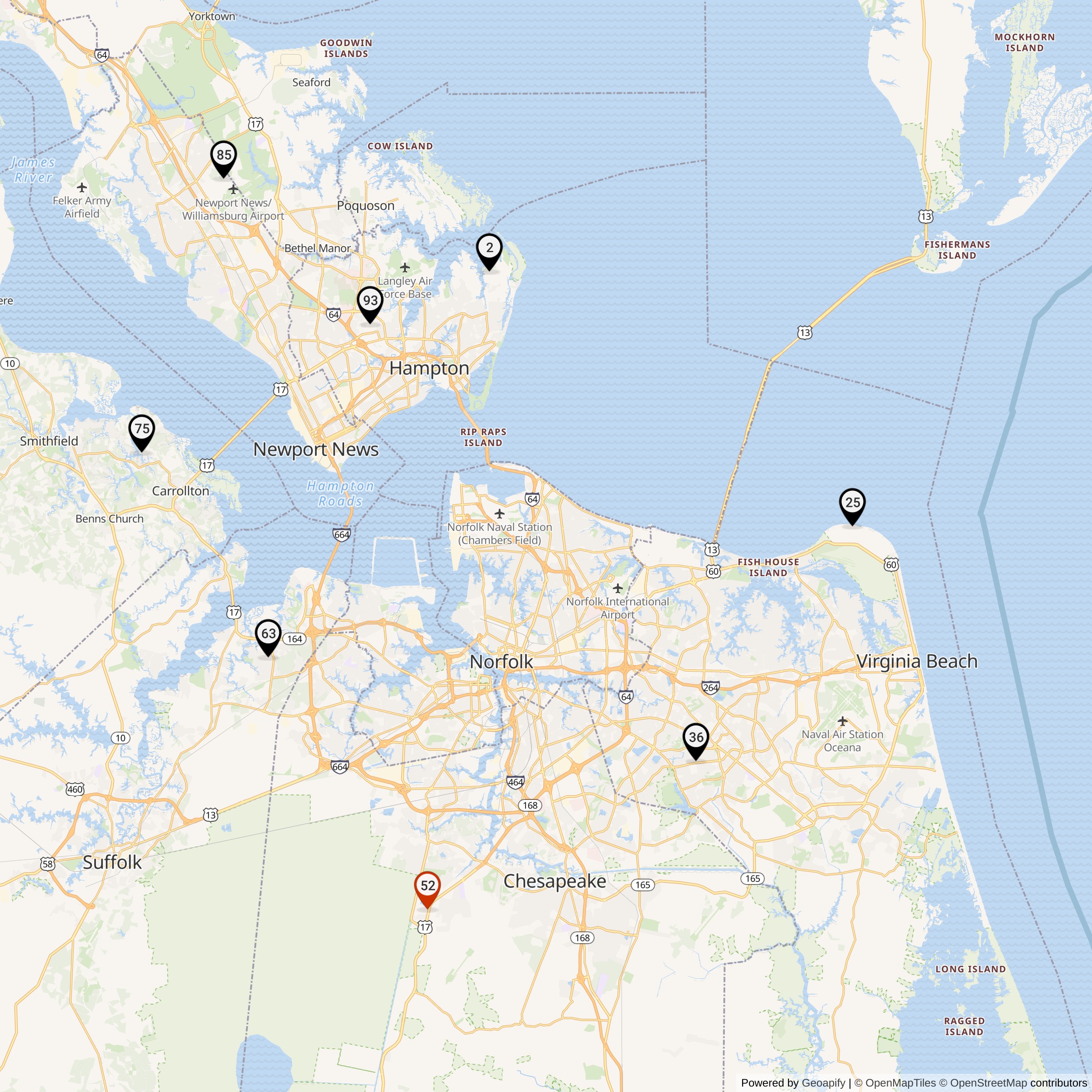 Map Showing Norfolk Defense Area Nike IFC Locations