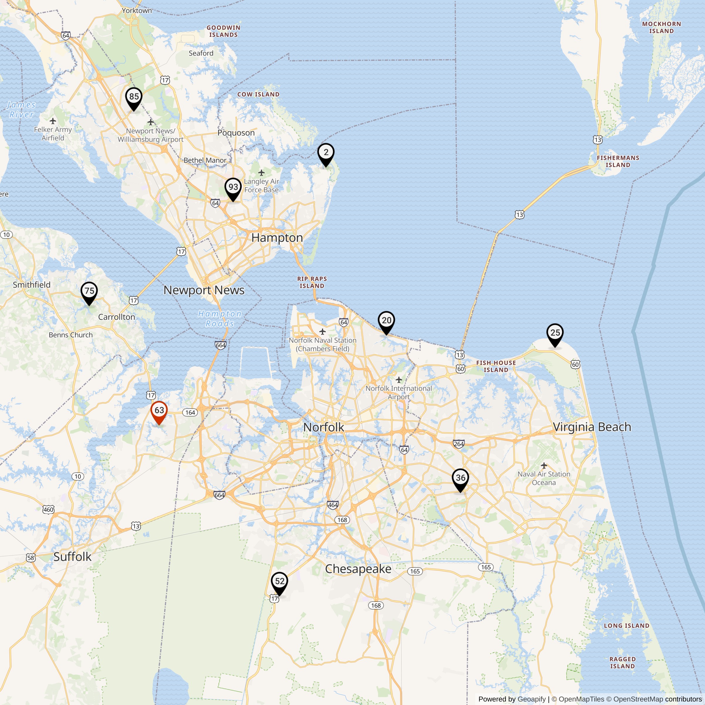 Map Showing Norfolk Defense Area Nike Launcher Locations
