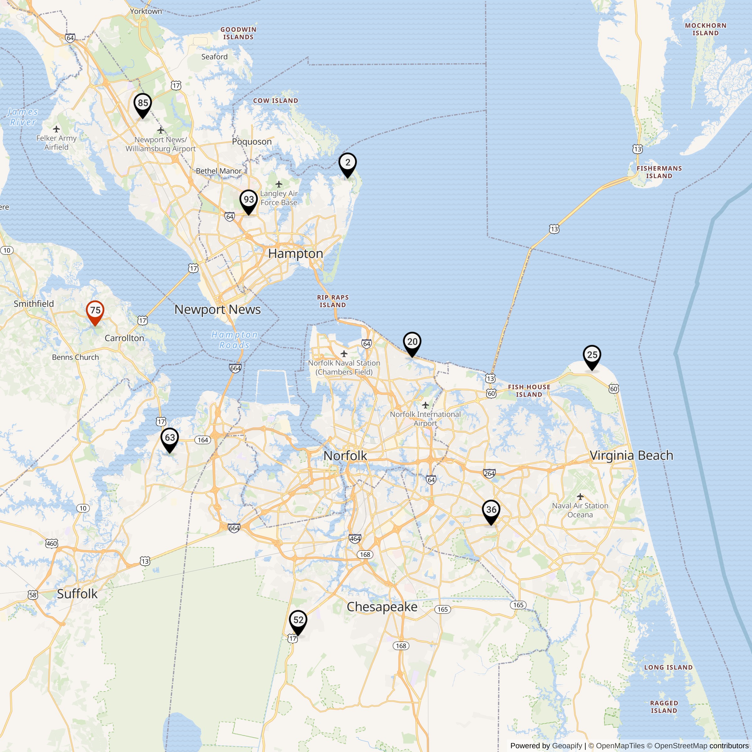 Map Showing Norfolk Defense Area Nike Launcher Locations