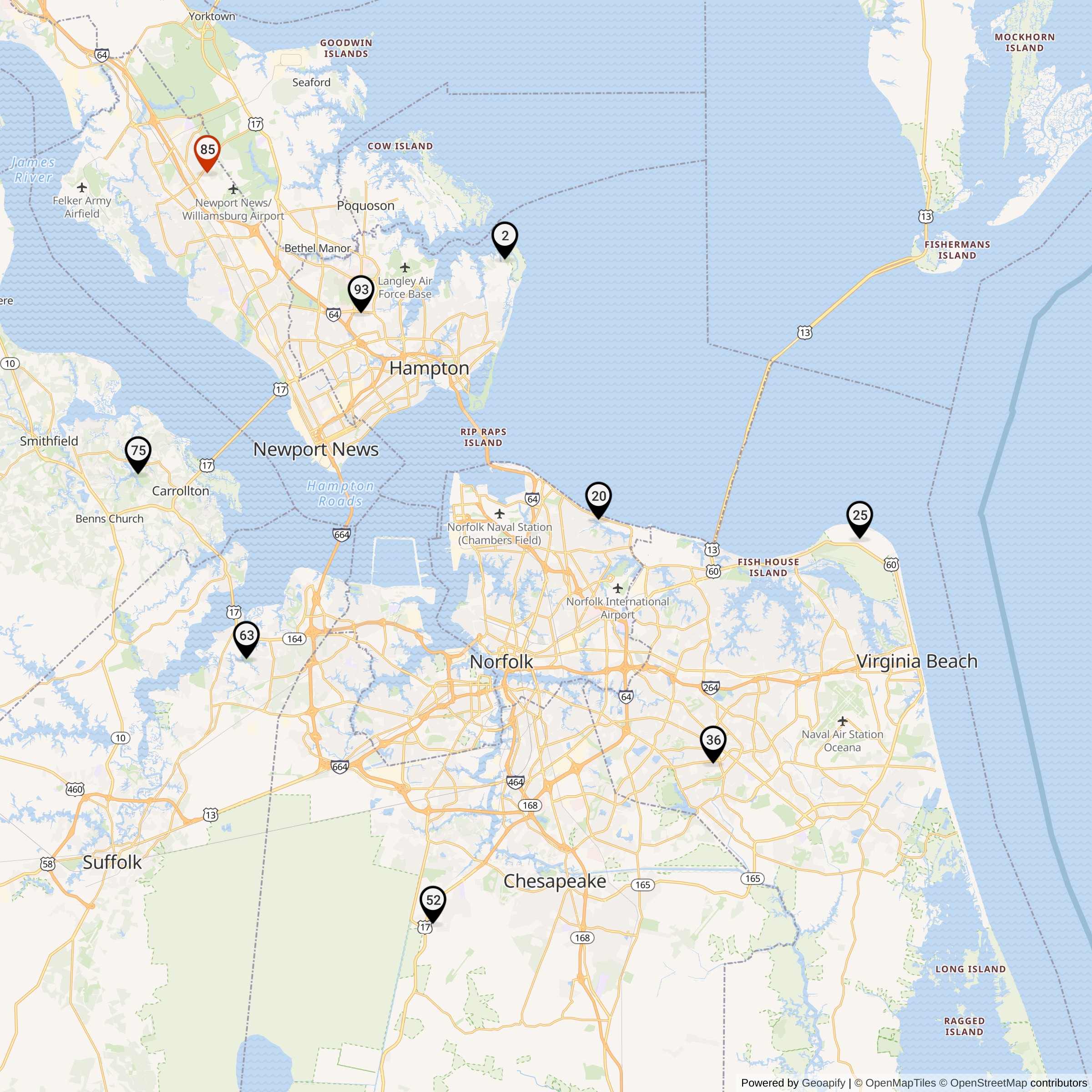 Map Showing Norfolk Defense Area Nike Launcher Locations