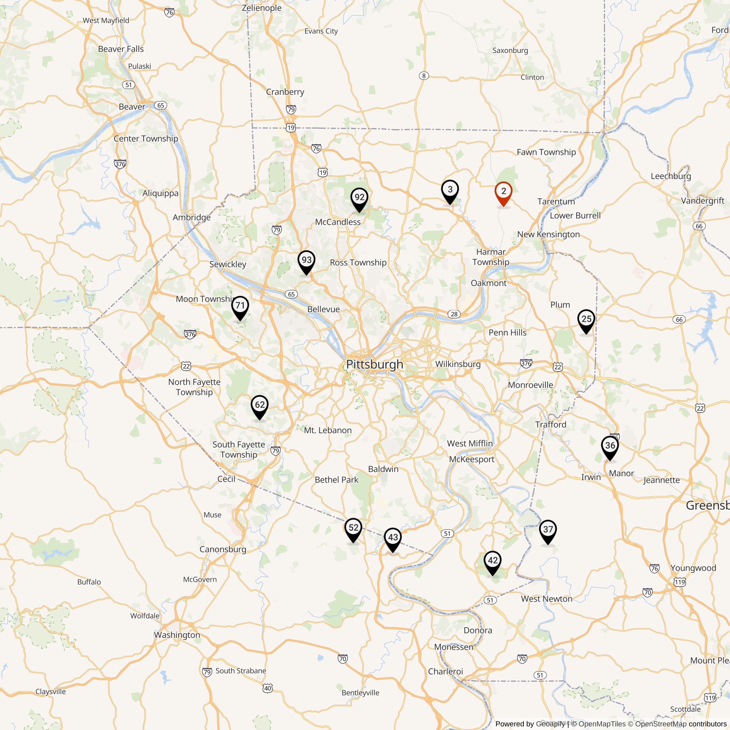 Map Showing Pittsburgh Defense Area Nike Launcher Locations
