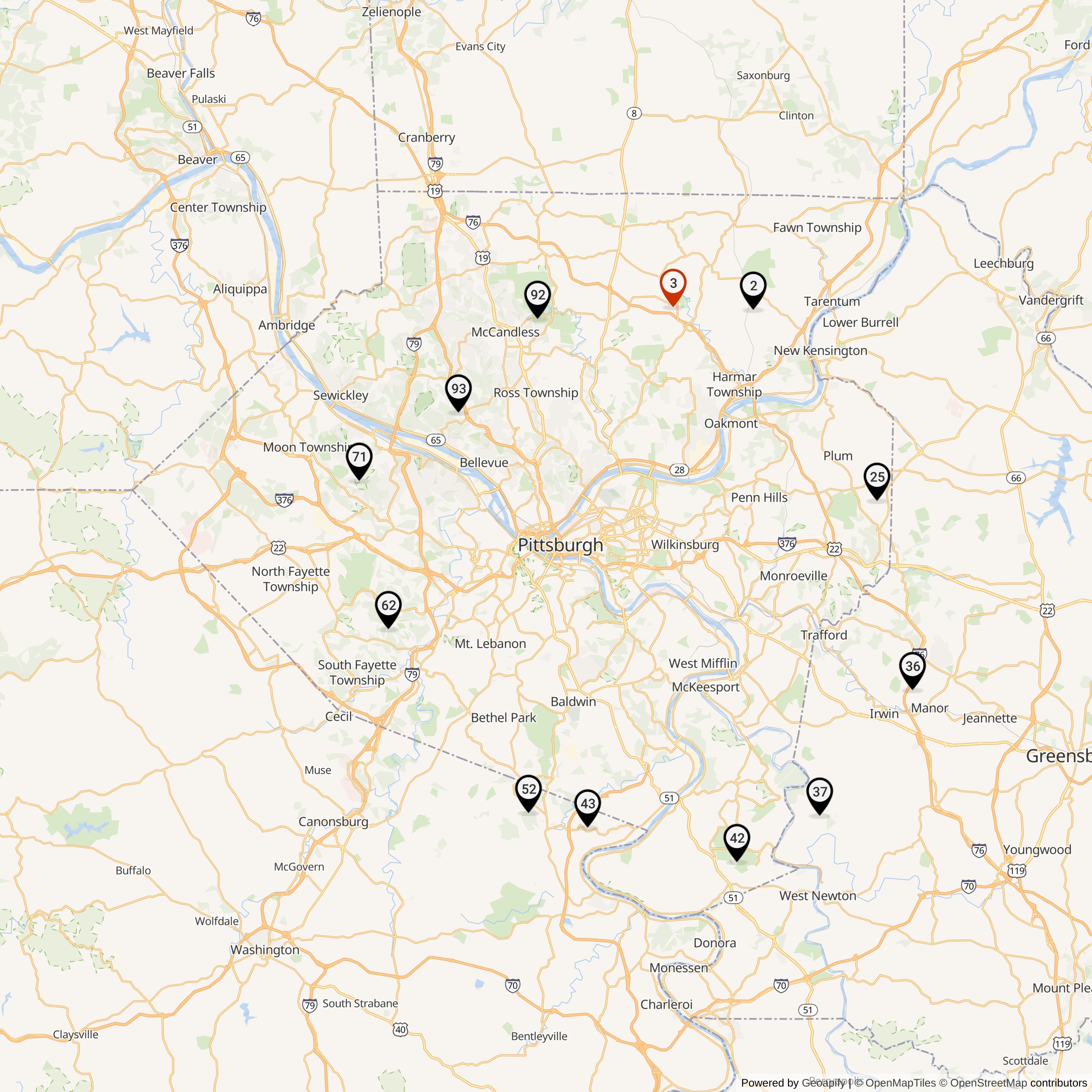 Map Showing Pittsburgh Defense Area Nike Launcher Locations