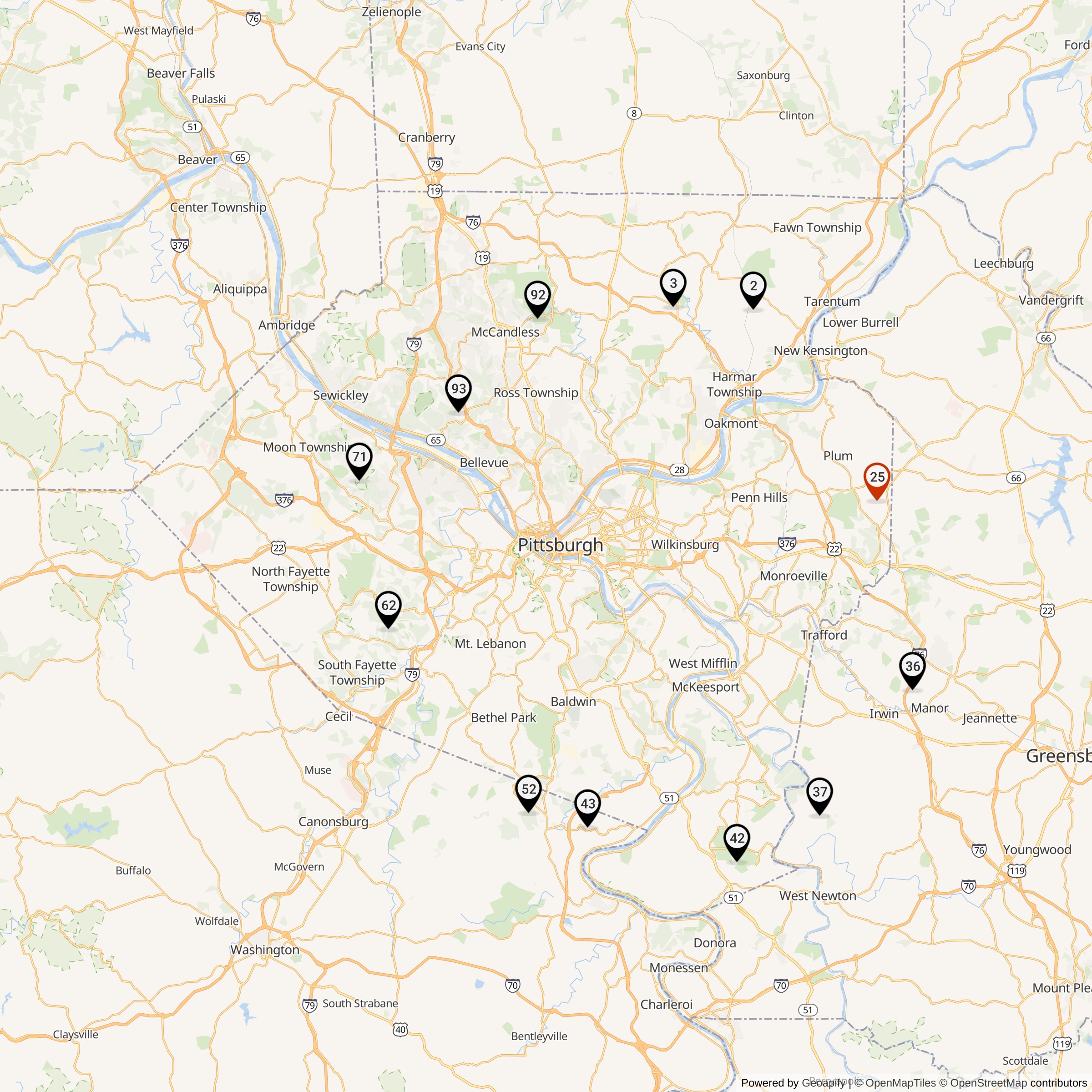 Map Showing Pittsburgh Defense Area Nike Launcher Locations