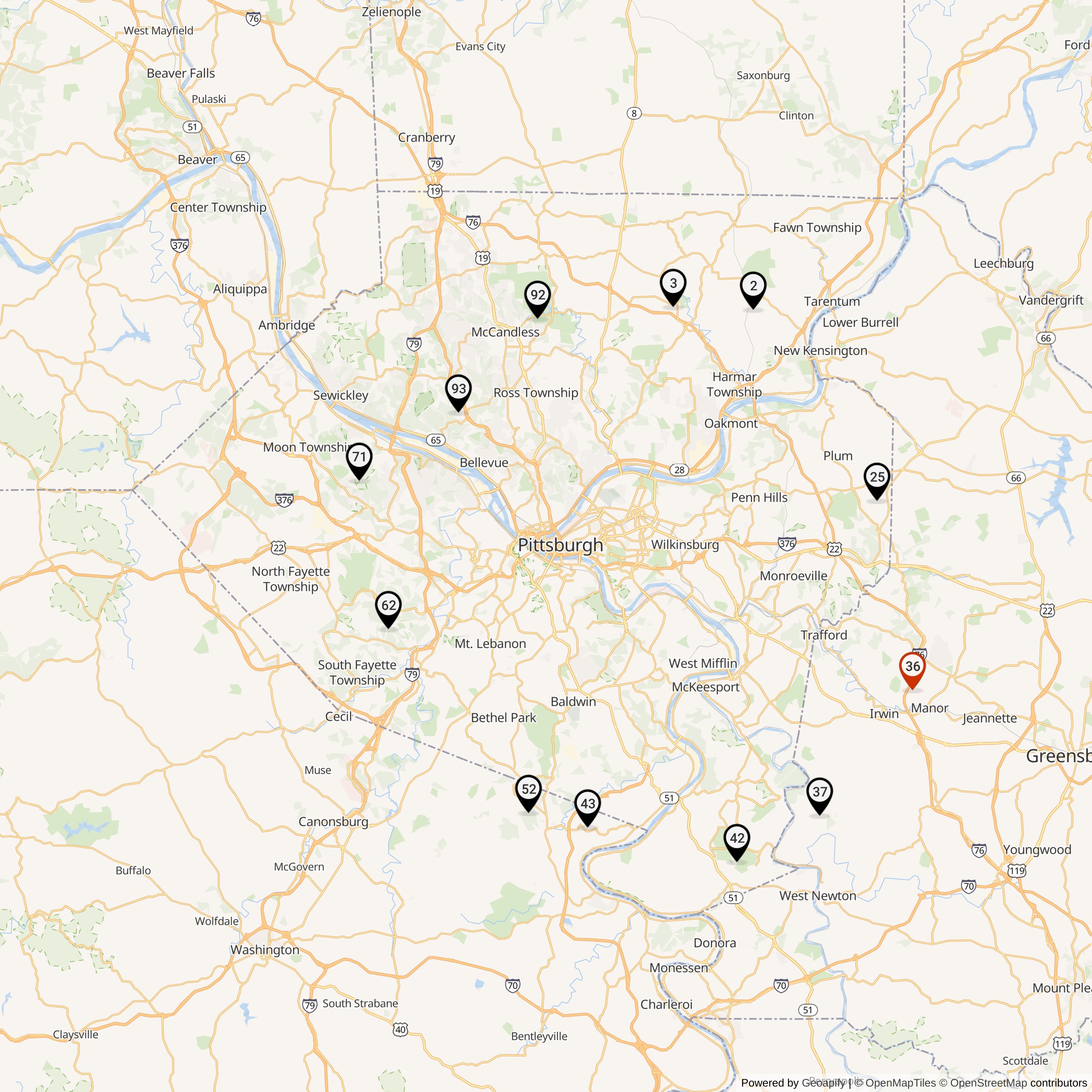 Map Showing Pittsburgh Defense Area Nike Launcher Locations