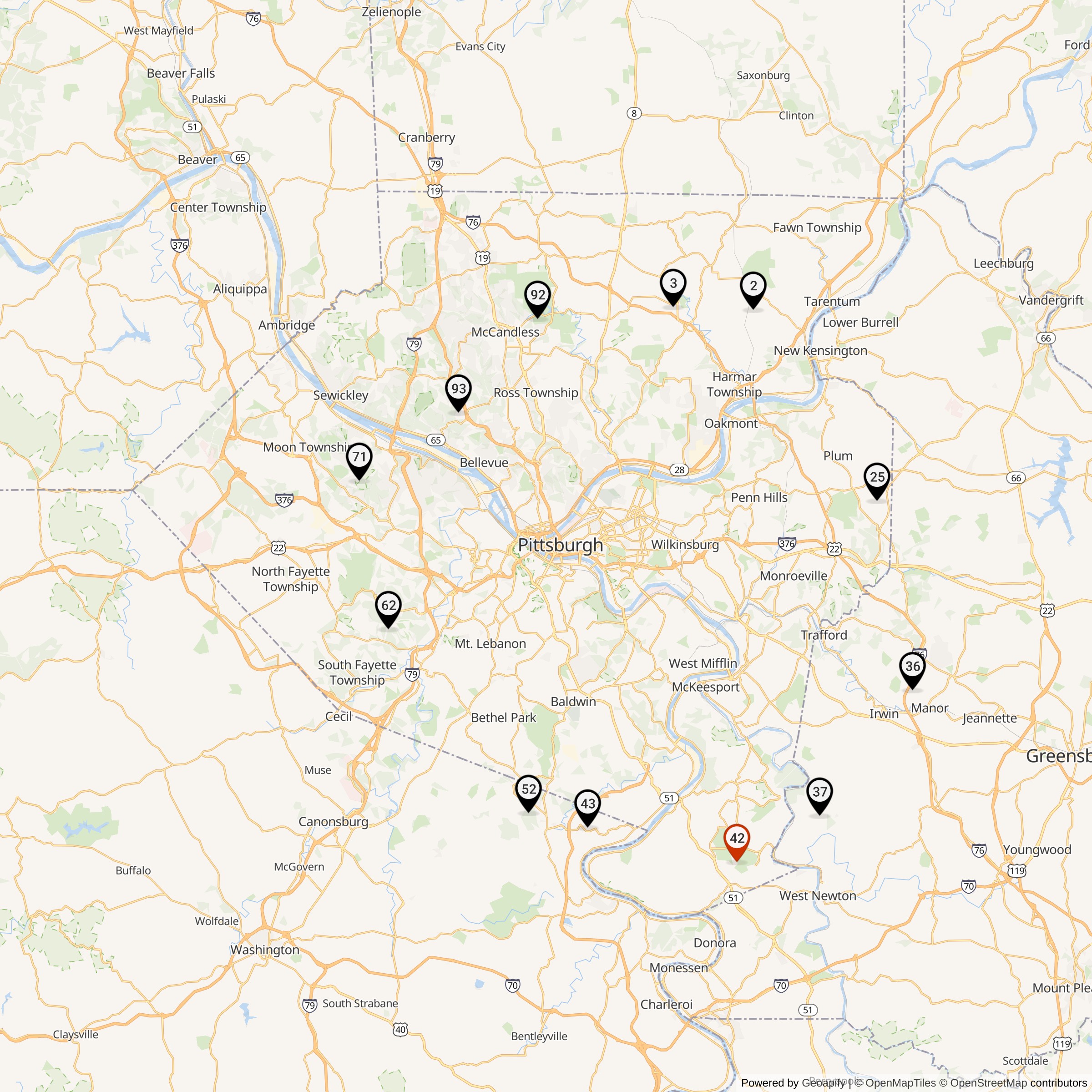 Map Showing Pittsburgh Defense Area Nike Launcher Locations