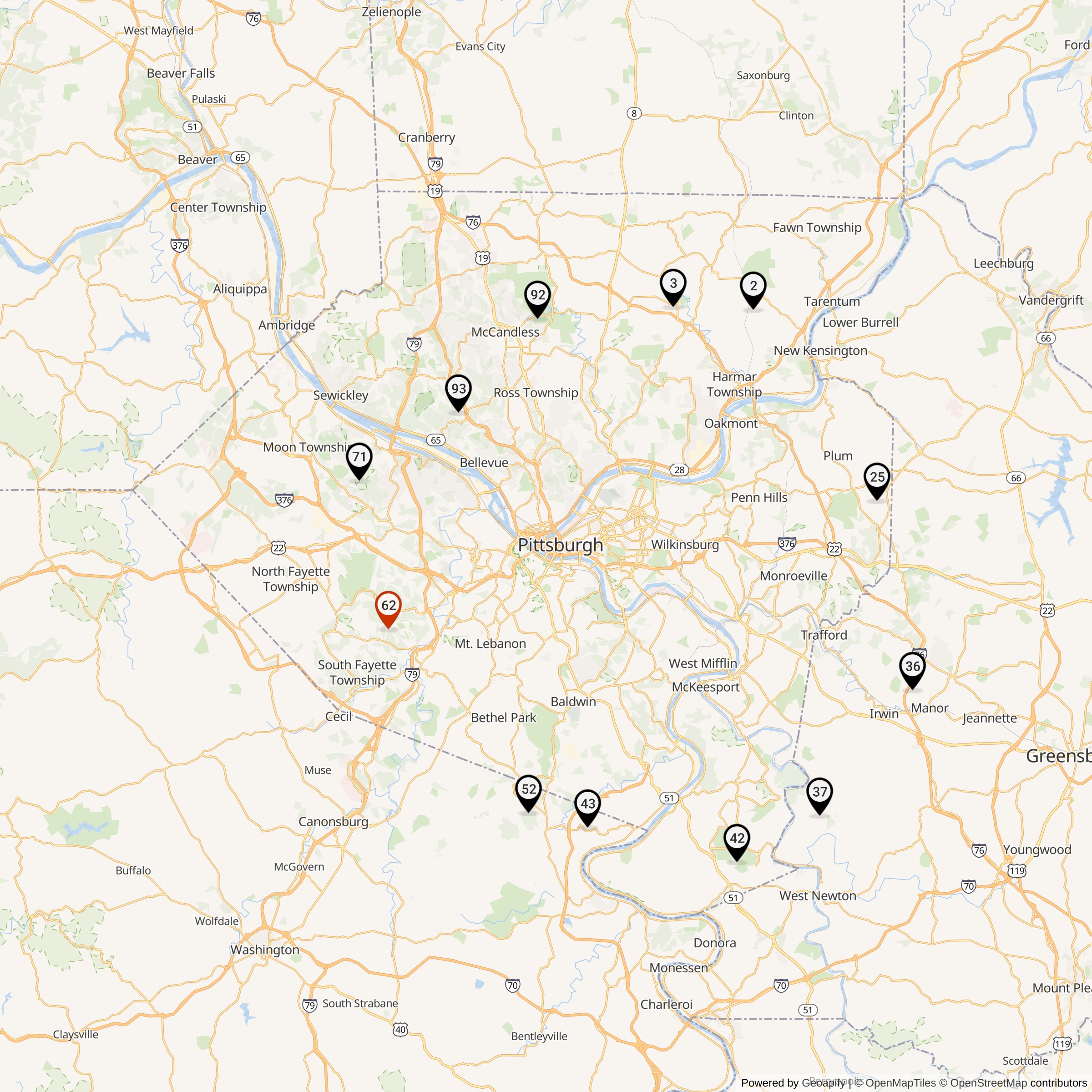 Map Showing Pittsburgh Defense Area Nike Launcher Locations