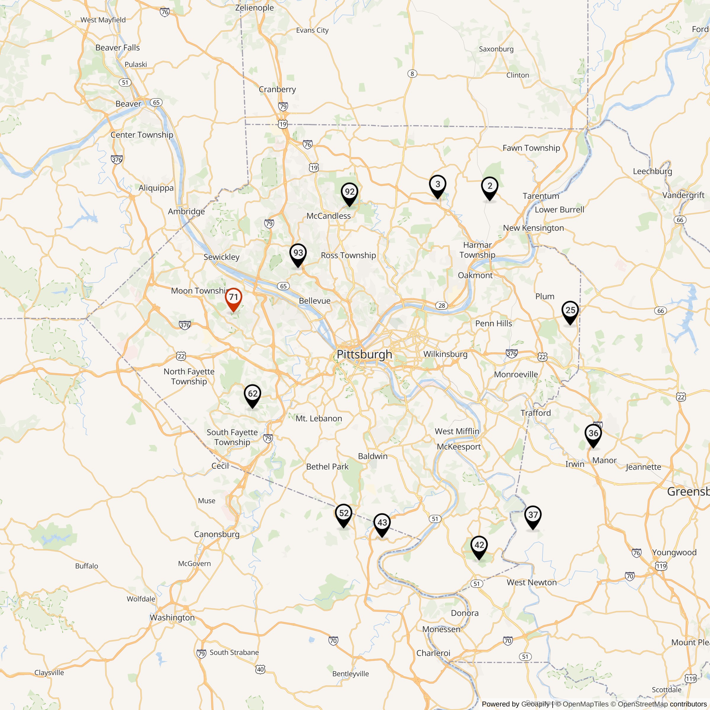Map Showing Pittsburgh Defense Area Nike Launcher Locations