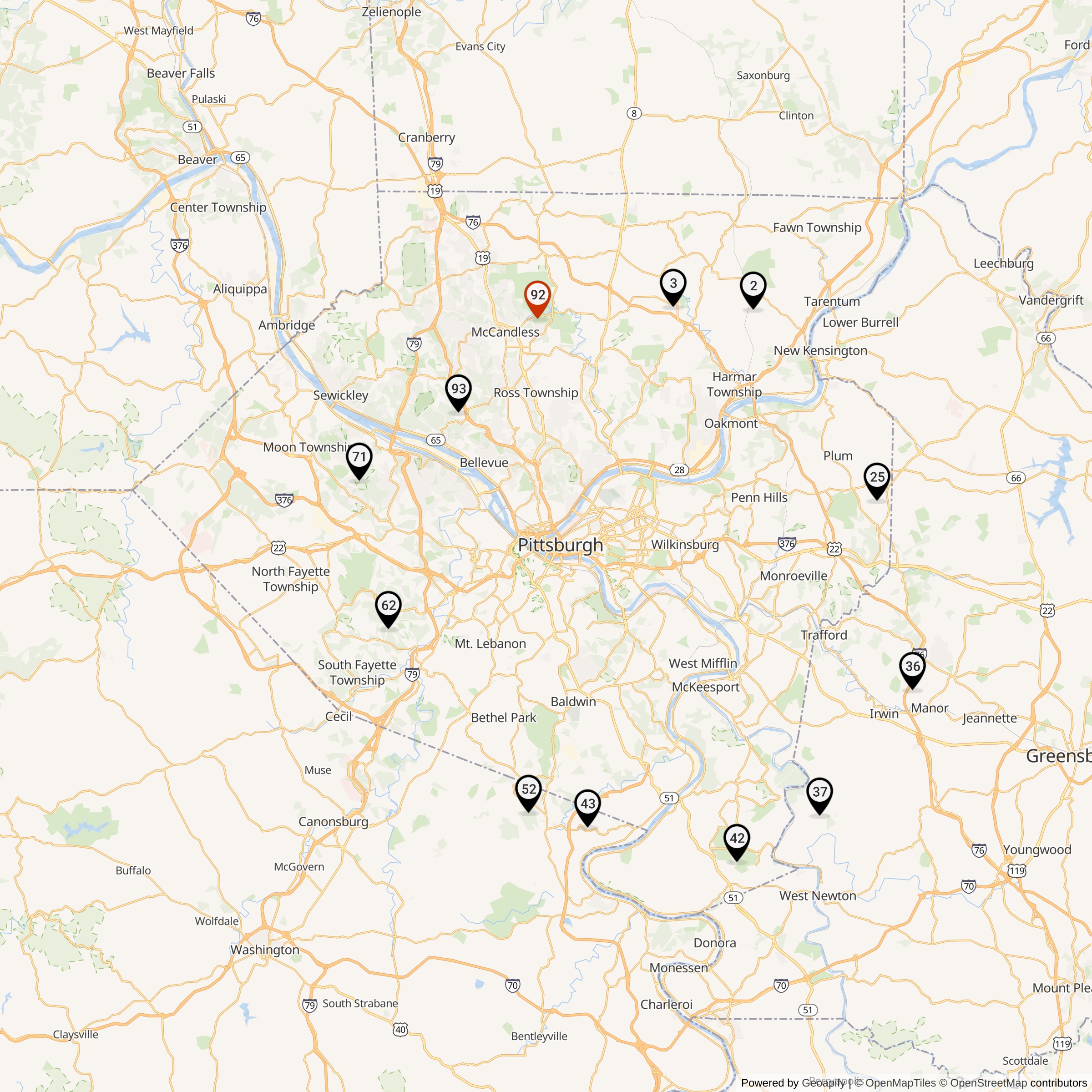 Map Showing Pittsburgh Defense Area Nike Launcher Locations