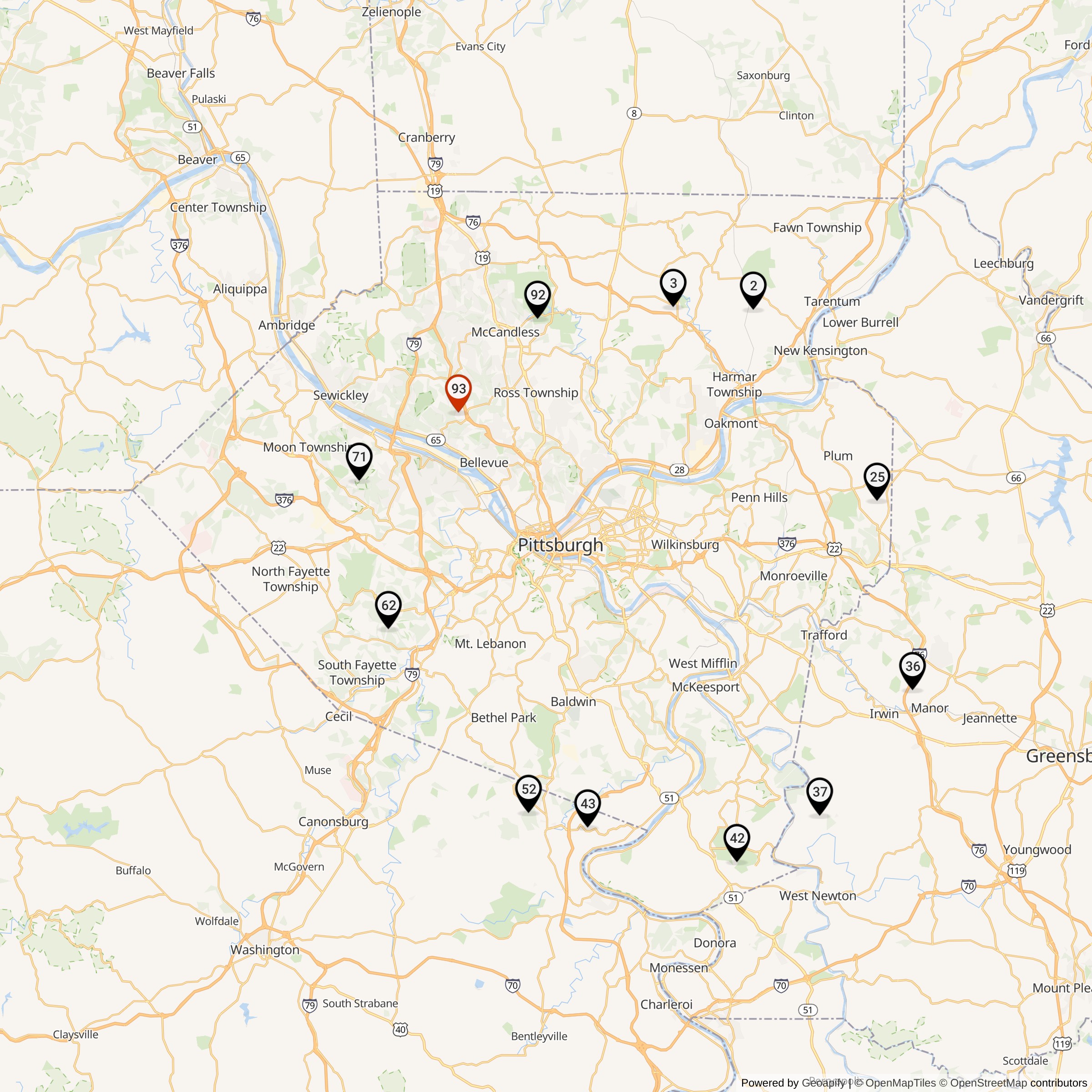 Map Showing Pittsburgh Defense Area Nike Launcher Locations