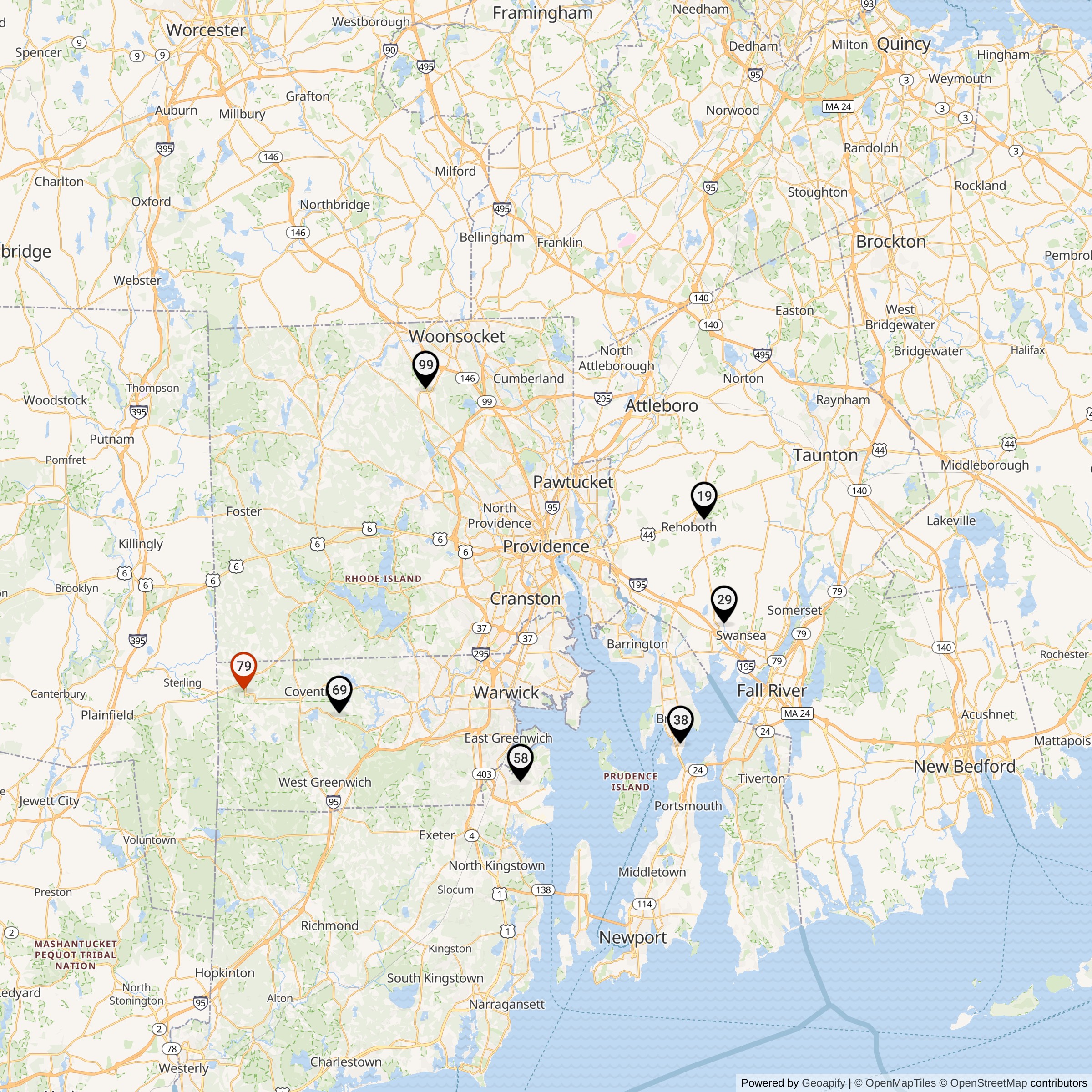 Map Showing Providence Defense Area Nike Launcher Locations