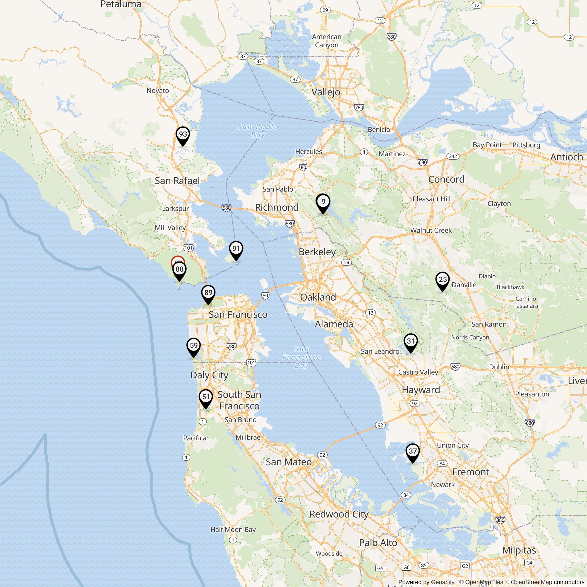 Map Showing San Francisco Defense Area Nike Launcher Locations