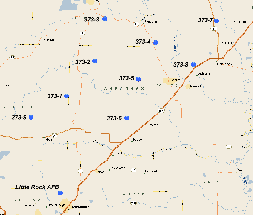 Map of 373rd SMS Titan II Missile Silos in Arkansas