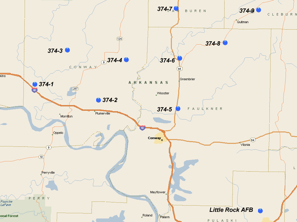 Map of 374th SMS Titan II Missile Silos in Arkansas