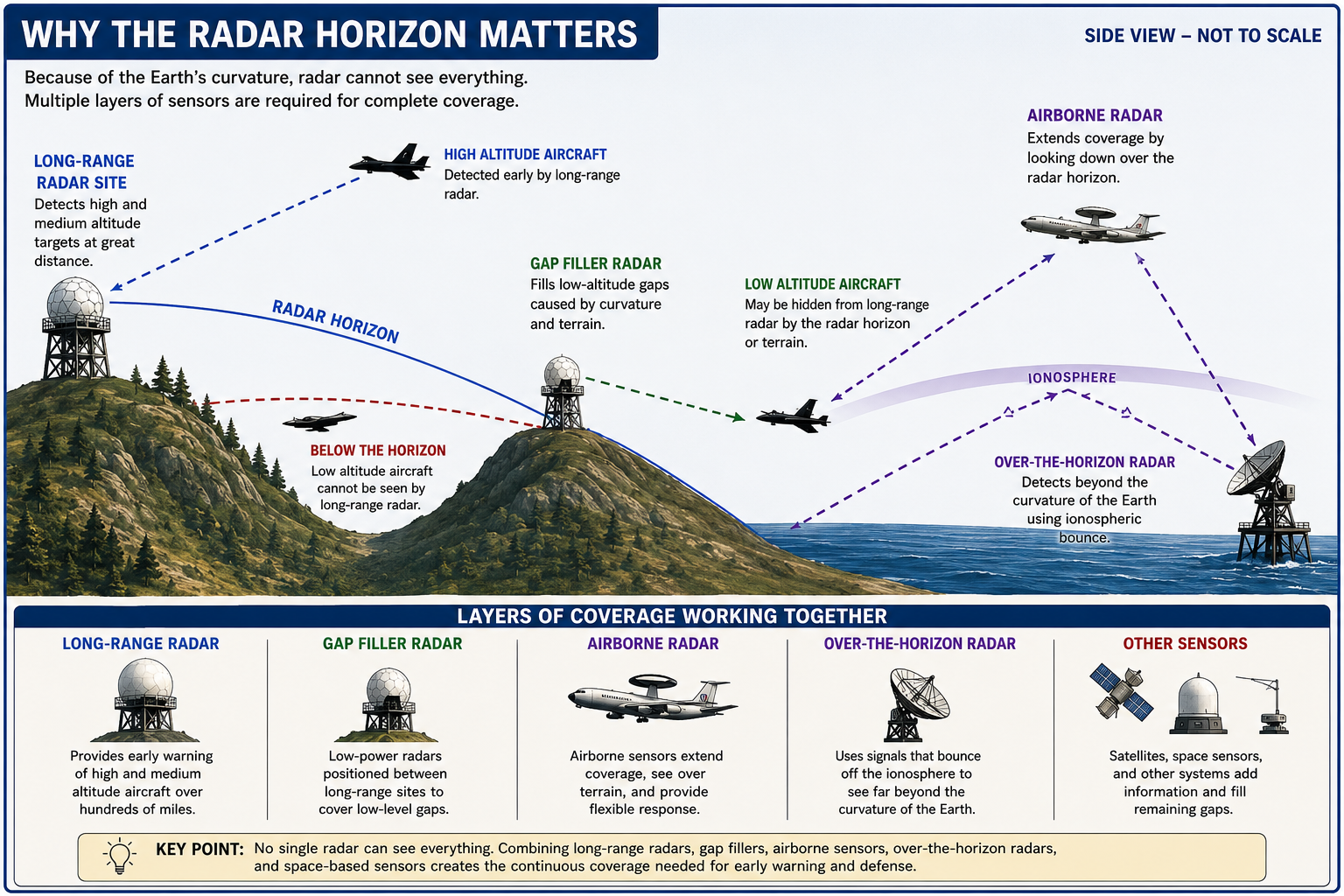Diagram showing how the radar horizon and terrain can conceal low-flying aircraft from a distant radar