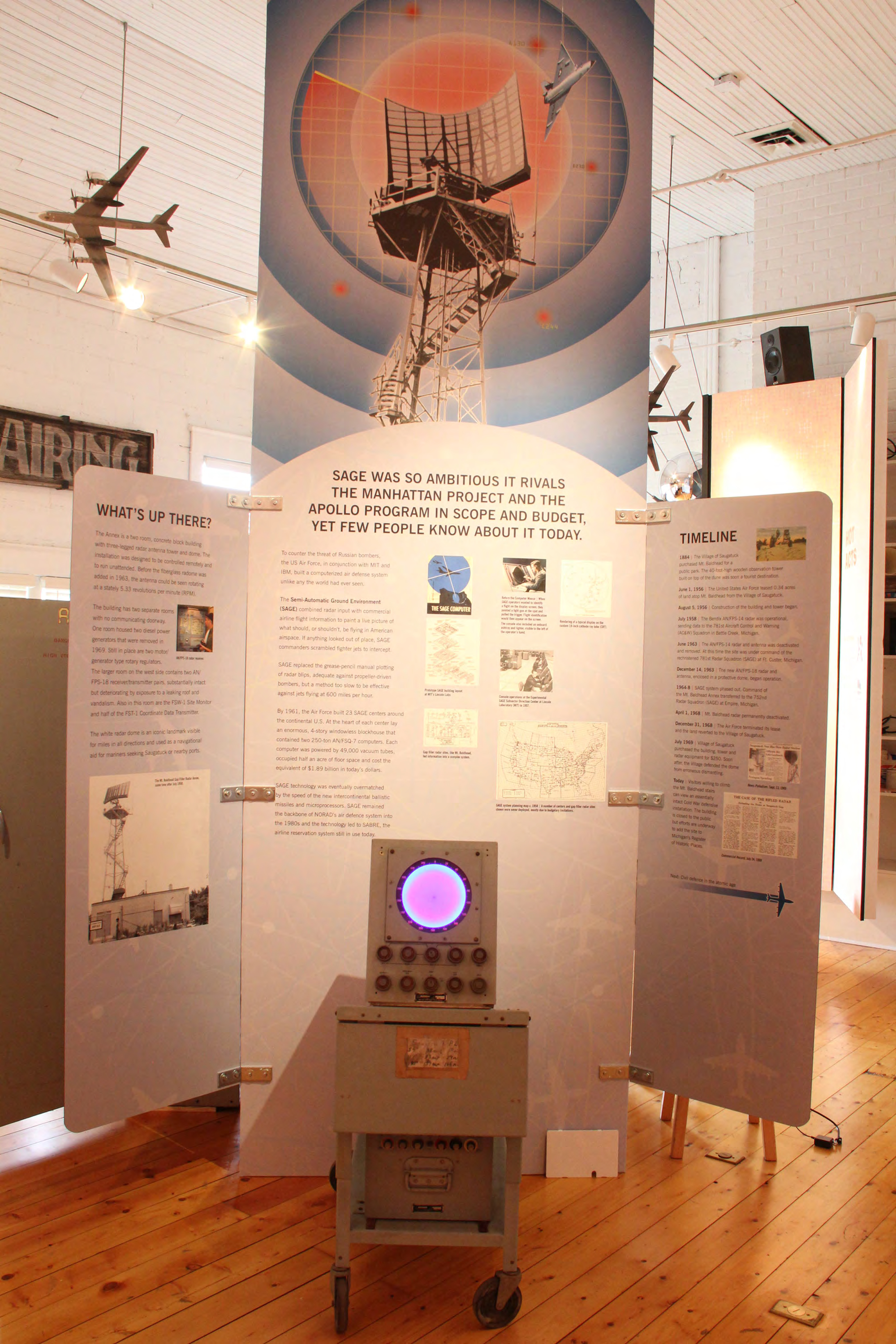 Range & Azimuth Indicator from annex in 2017-18 Saugatuck-Douglas History Center Museum exhibit with Permanent Echo chart taped to front table by 1960s radar technicians.
