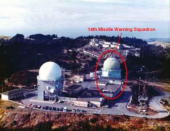 1975 U.S. Army aerial photograph of Mill Valley Air Force Station showing the AN/FPS-107 radar radome at left and the separate 14th Missile Warning Squadron radar circled at right